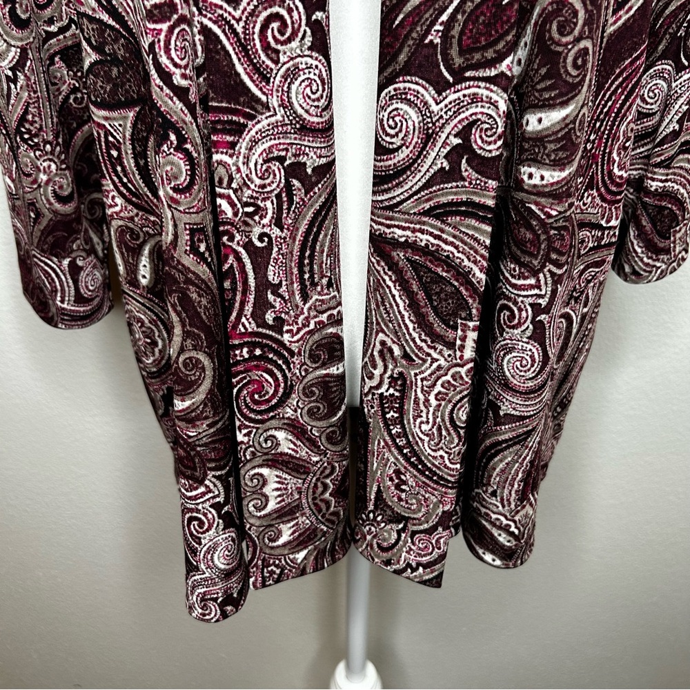 Chicos Easywear Womens Burgundy Tan Paisley Open Front Jersey Cardigan Size 2/ L - Picture 4 of 11